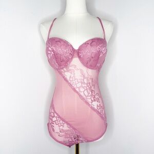 Frederick’s of Hollywood Pink Lace Sheer Bodysuit Lingerie Size Large